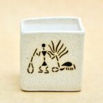 3.5 inch Warli Painting Marble Finish Square Box Ceramic Pot (Light Brown)