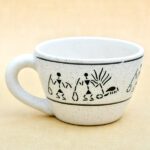 5.9 inch Warli Painting Cup Marble Finish Round Ceramic Pot (White)