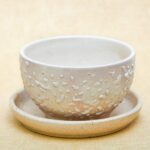 4.2 inch CP015 Embossed Bowl Round Ceramic Pot With Plate (Beige)