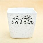 5.9 inch Warli Painting Marble Finish Square Cone Ceramic Pot With Rounded Edges (White)