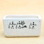 8.4 inch Warli Painting Marble Finish Rectangle Ceramic Pot (White)
