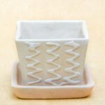 3.1 inch CP007 Embossed Square Cone Ceramic Pot With Plate (Beige)